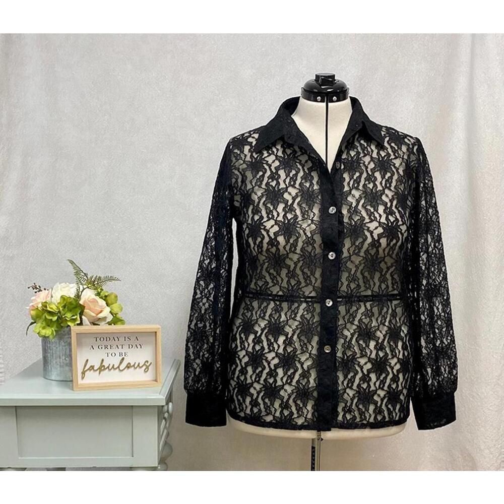 Victor Costa Occasion women's black sheer button up top Size large.